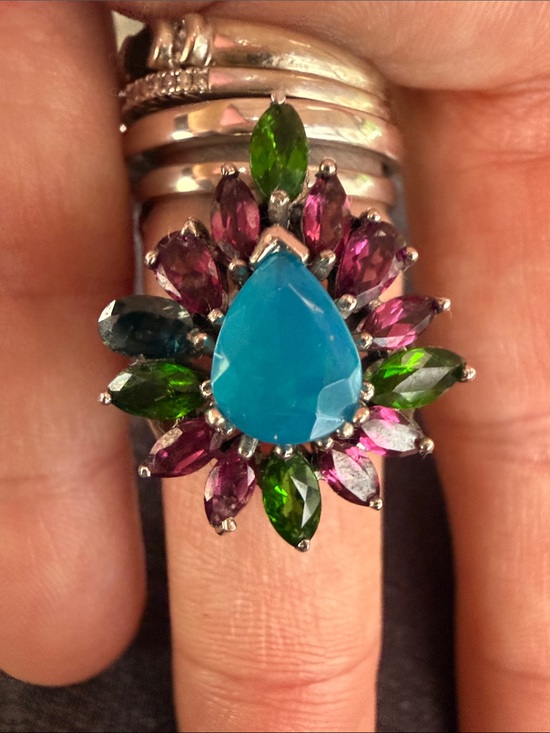 925 Sterling Silver Jewelry - Natural/Real Gems Blue Opal & Garnet Diopside, Blue topaz  Sz7.5 925 stamped